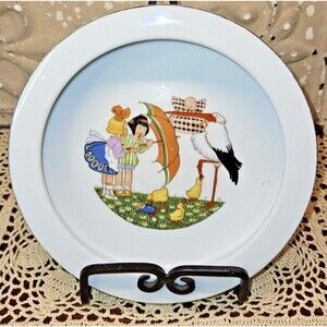 1920's Porcelain Children w/ Umbrella Stork Baby Child's Dish Germany (read)